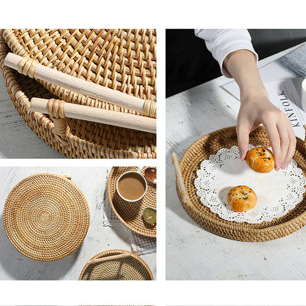 Lepetit Round Rattan Bread Basket Woven Tea Basket With Handles Home Dinner Helping Tool